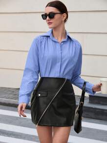 EURMUSE HIGH RISE MINI ZIPPER DETAIL BLACK PU SKIRT - Black - View 1