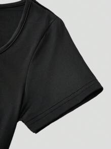 SHEIN Teen Girls Knit Short Sleeve Long Waist Cinched Boxy Neck Casual Fashionable All-Match Versatile Dresses, Girls Delicate Apparel, Suitable For Wedding Season, Floral/Partial Decor Style, No Traditional Pattern