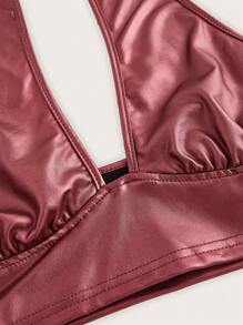 SHEIN ICON 纯色交叉 PU 皮革吊带黑色上衣 - 酒紅色 - 查看 3