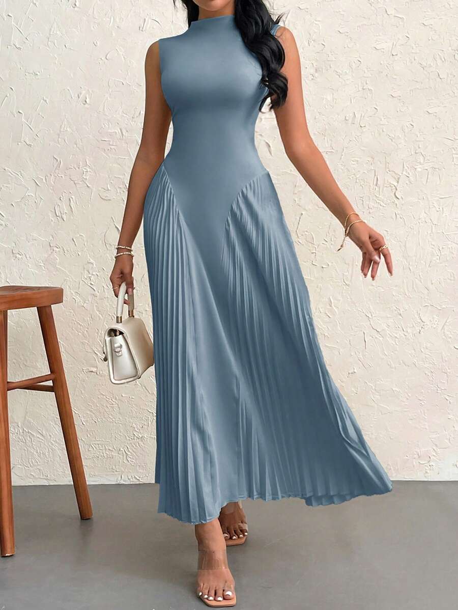 Firerie Váy chữ A bó xếp ly cho nữ, thanh lịch - Màu xanh bụi bặm - Xem 1