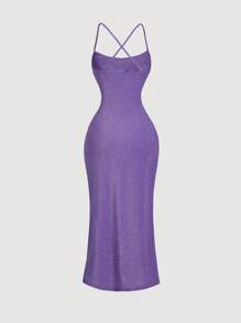 SHEIN MOD Đầm bó sát màu tím xẻ tà sang trọng viền nhún cho nữ - Màu tím - Xem 2