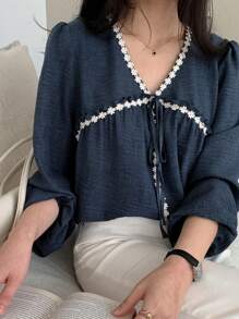 DAZY Women's Color Block Lace Trim Loose Long Sleeve Drawstring V-Neck Vacation Blouse Top,Fall Clothes - Blue - View 6