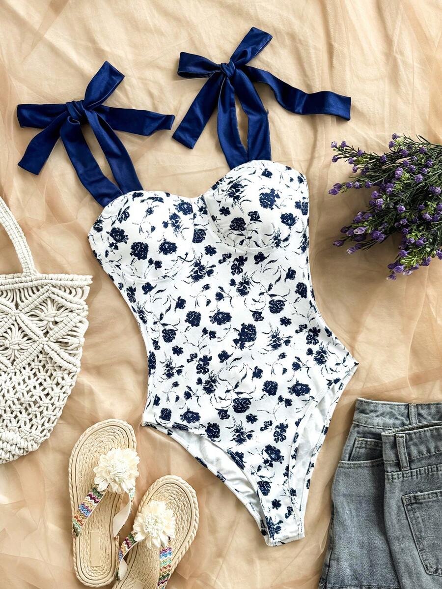 Soleia Bodysuit Feminino Decote com Alças em Azul e Branco com Estampa Floral Miúda, Primavera/Verão - Azul e Branco - Visão 1