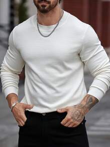 Manfinity Homme Áo thun nam tay dài trơn cỡ lớn, phong cách đơn giản, mặc hàng ngày - Màu be - Xem 6