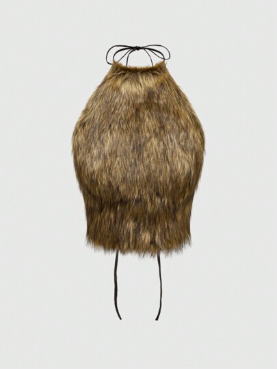 Grunge Punk توب مُقطع من الفرو الصناعي ذو رقبة قائمة وتصميم ظهر مفتوح للنساء