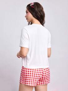 ROMWE Kawaii Strawberry Plaid Print Short Sleeve & Shorts Casual Pajama Set
