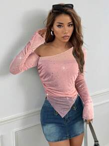 SHEIN Unity Áo thun dài tay lệch vai màu trơn đính đá trang trí cho nữ, trang phục thường ngày - Màu Hồng baby - Xem 3