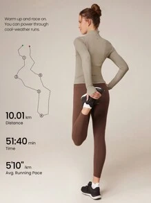 GLOWMODE Quick-Dry Slim Fit Cropped Activewear Long-Sleeve Running Top With Thumbholes Back Phone Pocket Gym - Khaki - View 6