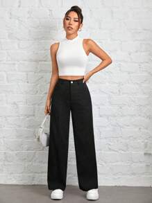 SHEIN PETITE Autumn And Winter Wear Women's Solid Color Straight Corduroy Pants - Black - View 5