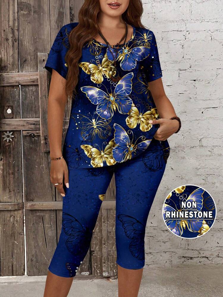 Summer Casual Butterfly Print Round Neck Short Sleeve Top And Capri Pants 2Pcs Set For Plus Size Women,Flower/Vacation/Spring