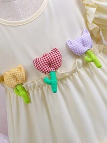 Vestido de princesa de manga abullonada y cuello redondo con decoración floral 3D multicapa, para uso casual de verano para niñas - Amarillo - Ver 3