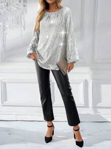 EMERY ROSE 女士圆领长袖宽松奢华亮片派对衬衫 - 銀色 - 查看 4