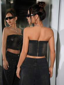 SHEIN ICON Fashion Wanita Retro Washed Front Button Camisole Denim Vintage Washed Y2K Going Out Off Shoulder Tube Top Black - Hitam - View 2