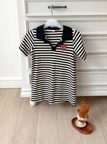 DAZY 年轻女孩条纹短袖休闲日常简约连衣裙，女孩夏季服装 - 黑與白 - 查看 6
