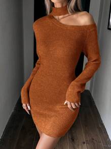 SHEIN Clasi 女士露肩高领长袖毛衣连衣裙 - 鏽棕色 - 查看 4