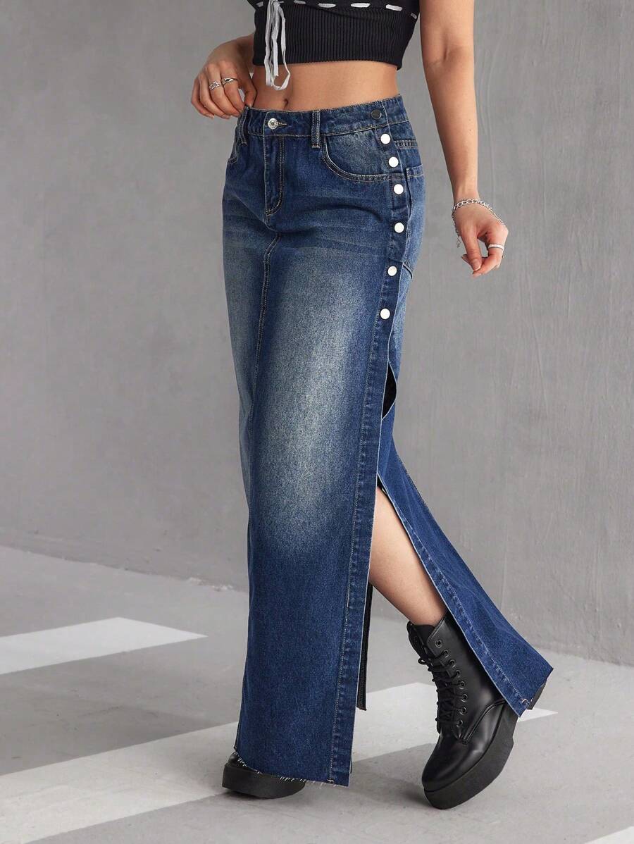 SHEIN EZwear 女士侧开衩下摆口袋长款休闲牛仔 A 字裙 - 深色水洗藍 - 查看 1