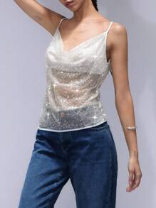 Aveloria Affinna 性感低胸串珠亮片褶皱修身女式吊带背心，派对设计，适合春夏季、情人节