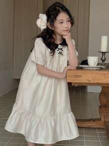 Dazy Kids Tween Girl Colorblock Doll Face Bow Decor Woven Short Sleeve Dress, Summer,Back To School Clothes