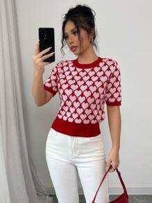 Elenzga Women's Short Heart Graphic Crew Neck Short Sleeve Casual Knit Top