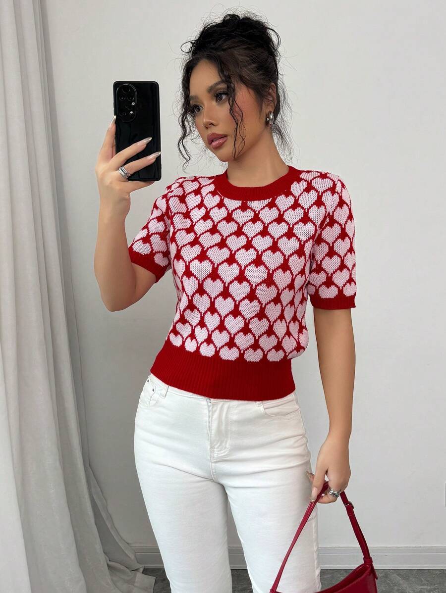 Elenzga Women's Short Heart Graphic Crew Neck Short Sleeve Casual Knit Top