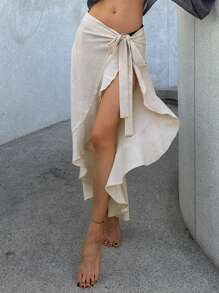 DAZY 女士假日泳装罩衫纱笼裙，适合夏季海滩度假，荷叶边 - 卡其色 - 查看 2