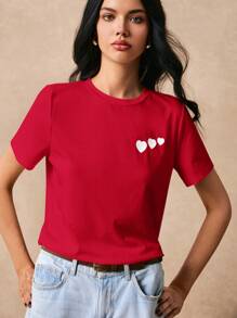 Poéselle Mujer Camiseta De Manga Corta Con Corazones Estampados - Rojo - Ver 1