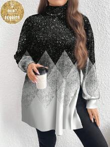 SHEIN LUNE Casual Minimalist Black & White Plaid Gradient Print Fullprint Plus Size High Neck Long T-Shirt, Autumn/Winter, Plus Size - Multicolor - View 1