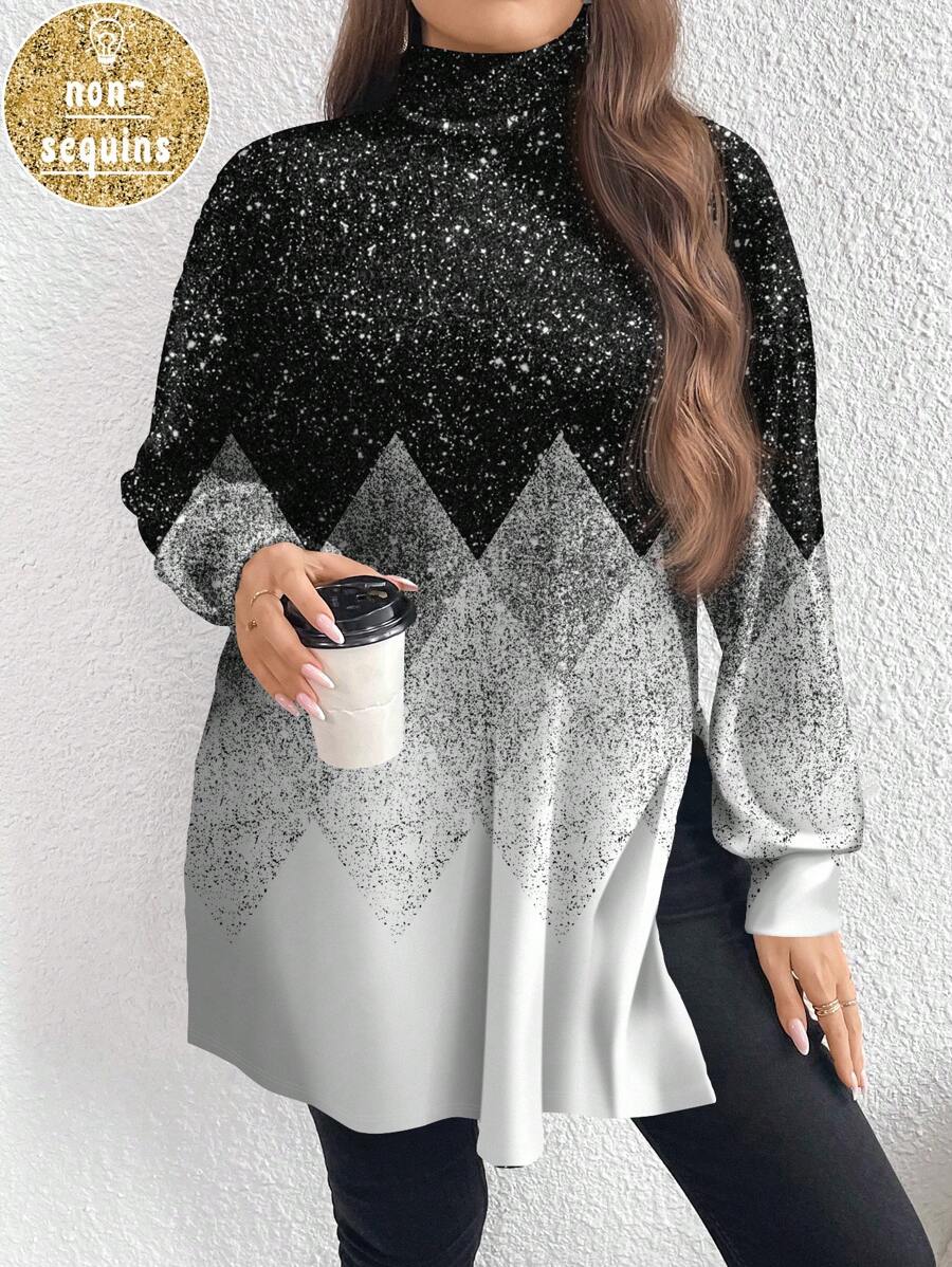 SHEIN LUNE Casual Minimalist Black & White Plaid Gradient Print Fullprint Plus Size High Neck Long T-Shirt, Autumn/Winter, Plus Size - Multicolor - View 1