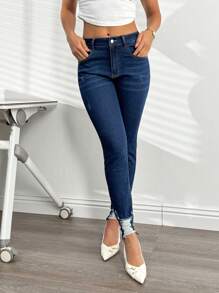 SHEIN Essnce 女士休闲破洞修身牛仔裤 - 藍色 - 查看 5