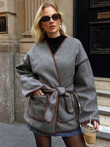 Forever 21 Herfst/Winter Nieuwe Color Block Trim Grijs Enkelzijdig Casual High Street Ins Stijl Warme Modieuze Lange Mouw Jas