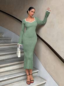 EURMUSE Vestido con cuello palabra de honor, mangas raglán y ribete de contraste - verde menta - Ver 4