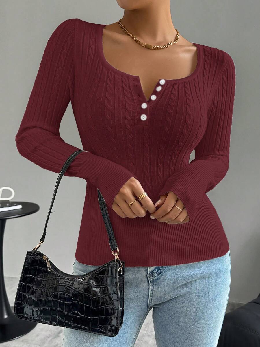 Chiquease Suéter de punto de manga larga, ajuste delgado, unicolor para mujer, otoño e invierno - Burdeos - Ver 1