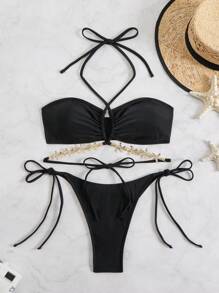 Swim SXY 2 件套女士黑色星空链带短款上衣和下装比基尼套装，性感简约泳装，适合夏季海滩度假 - 黑色 - 查看 6