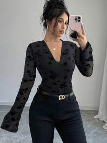 SHEIN Privé Ladies New Black Flocked V-Neck Ruffle Sleeve Slim Fit T-Shirt Top, Long Sleeve Top, Women's Going Out Top, Elegant Black Top, V-Neck Top, Mesh Top, Elegant / Commuting / Casual / Business / Vacation / Date Night / Sexy