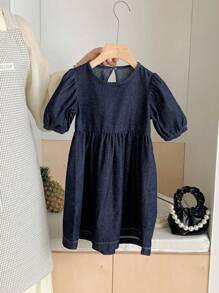 DAZY 女童牛仔连衣裙，年轻女孩秋装 - 深色水洗藍 - 查看 1