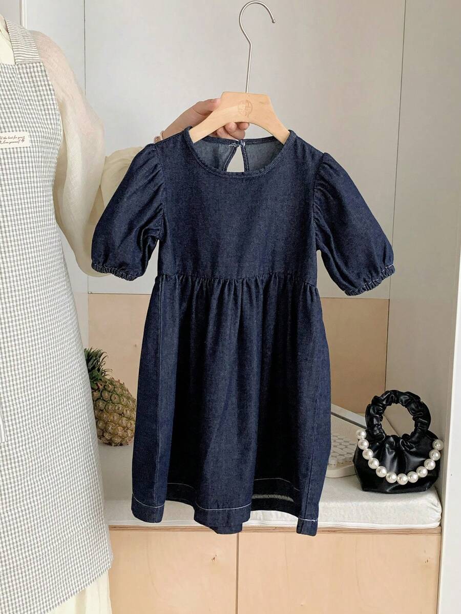 DAZY 女童牛仔连衣裙，年轻女孩秋装 - 深色水洗藍 - 查看 1