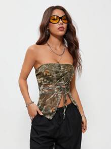 Coolane Women's Spring/Summer Beach Outfits  Coquette Cargo Grunge Going Out Tree Branch Pattern Forest Camo Asymmetrical Hem Off Shoulder Tops,Country Festival  Outfits