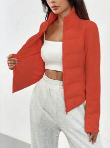 SHEIN Unity Women's Solid Color Zipper Padded Padded Coat, Winter Clothes - Orange - View 6