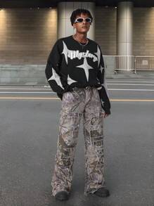Manfinity EMRG Gebreide herensweater met letter- en sterrenprint, ronde hals en lange mouwen