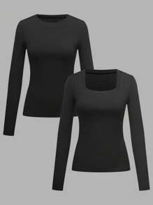 SHEIN Clasi Set de 2 tops de mujer, 1 de cuello cuadrado y 1 de cuello cuadrado de manga larga, color negro, conjunto casual de otoño/invierno