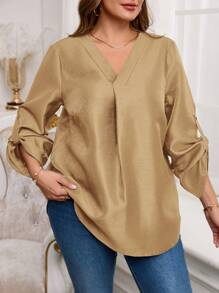 EMERY ROSE 大码优雅纯蓝色卷袖弧形下摆衬衫，冬季女装 - 黃色 - 查看 1