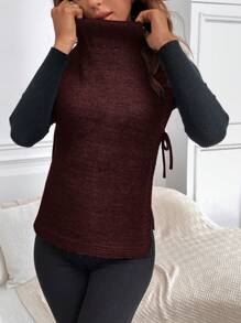 SHEIN LUNE Casual Solid Color Stand Collar Side Split Long Cardigan Vest, Autumn/Winter - Burgundy - View 3