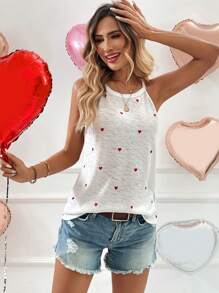 SHEIN LUNE Valentine's Day 1pc Women's Spring Heart Print Sleeveless Tank Top, Valentine's Gift - Red and White - View 5