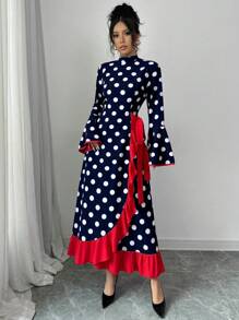 Chiquease Elegant Polka Dot Patchwork Ruffle Hem Long Sleeve Dress, Fashion - Blue - View 3