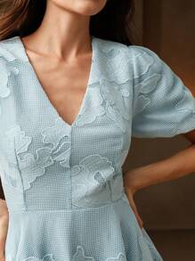 Anewsta Elegant Floral Lace Ruched Waist A-Line Mini Dress, Boho Spring/Summer Outfits - Blue - View 2