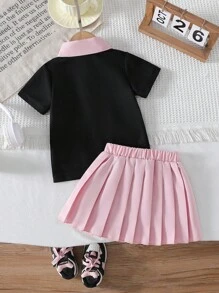 SHEIN Baby Girl Casual Polo Shirt Top And Pleated Skirt Set