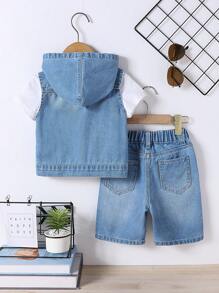 SHEIN Explorewe 1 套年轻男童牛仔服装儿童时尚休闲服装背心和短裤 2 件套 - 淺色水洗藍 - 查看 2