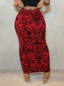 SHEIN SXY Mesh Flocked Paisley Print Fitted Long Skirt - Red - View 2
