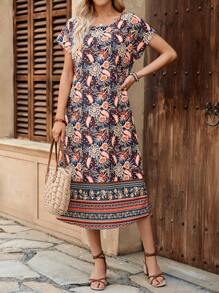 EMERY ROSE Women's Casual Straight Midi Dress With Plant Print And Bat Sleeves, Vacation Wear