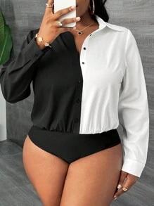 Slaydiva Plus Size Elegant Front Button Up Splicing Long Sleeve Casual Bodysuit - Black and White - View 7